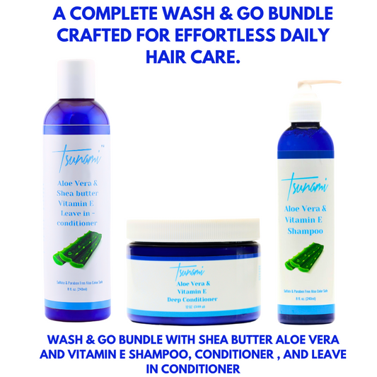Tsunami Wash & Go Bundle – Shea Butter, Aloe Vera & Vitamin E Shampoo, Deep Conditioner & Leave-In Conditioner